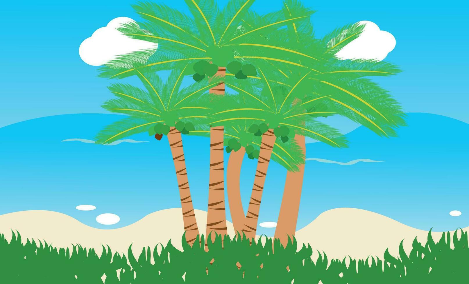 It's summer time banner, beach with coconut tree, grass and lifebuoy on a sunny summer background. vector