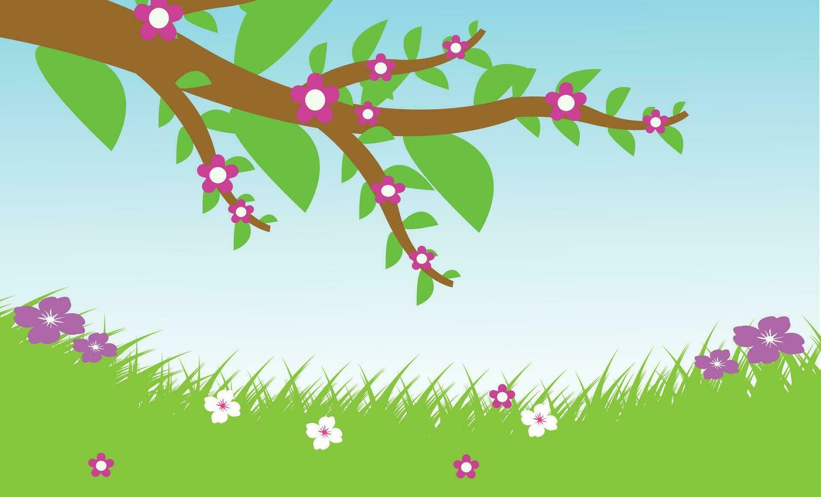 Vector landscape spring background with flowers.