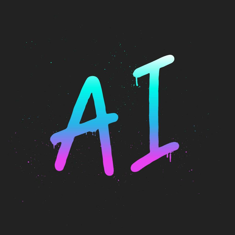 Abbreviation AI Neon Graffiti. Artificial Intelligence in Urban Street Style. Trendy Y2K clipart. Splash effects and drops. Grunge and spray texture. vector