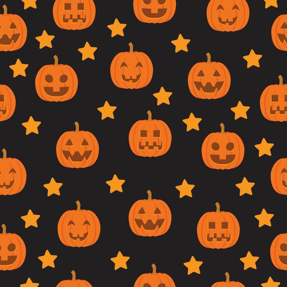 Seamless vector pattern for Halloween with cute smiling orange pumpkins and stars on a black background. Holiday background for wrapping paper, fabric, textile, scrapbook.