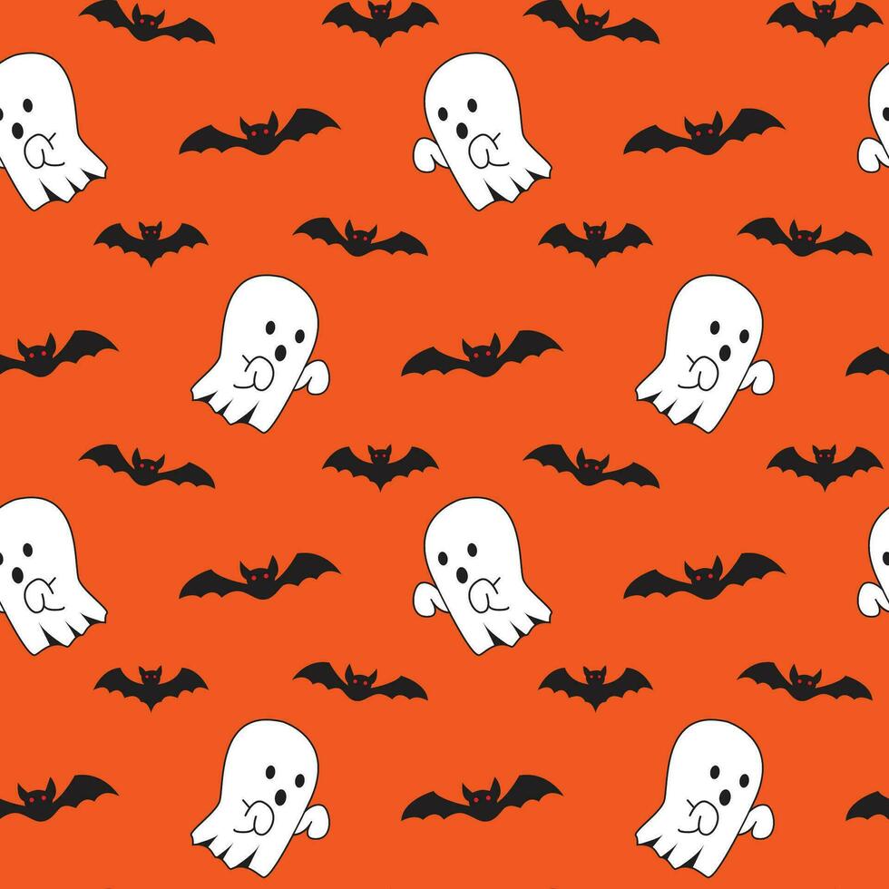 Cute halloween ghost and bat seamless pattern on orange background. Great vector illustration for kids and home decor projects.