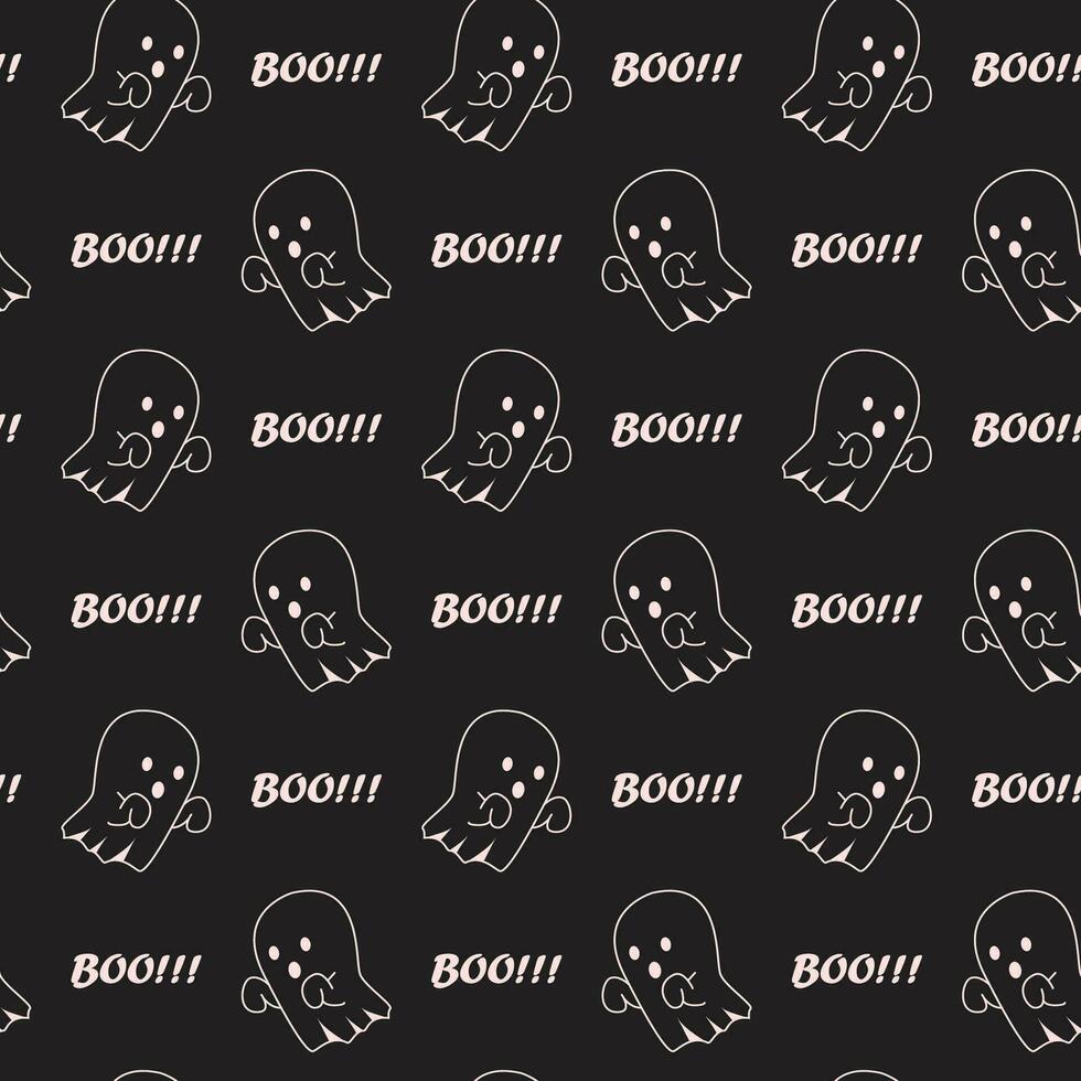 Cute halloween ghost seamless pattern on black background. Great vector illustration for kids and home decor projects.