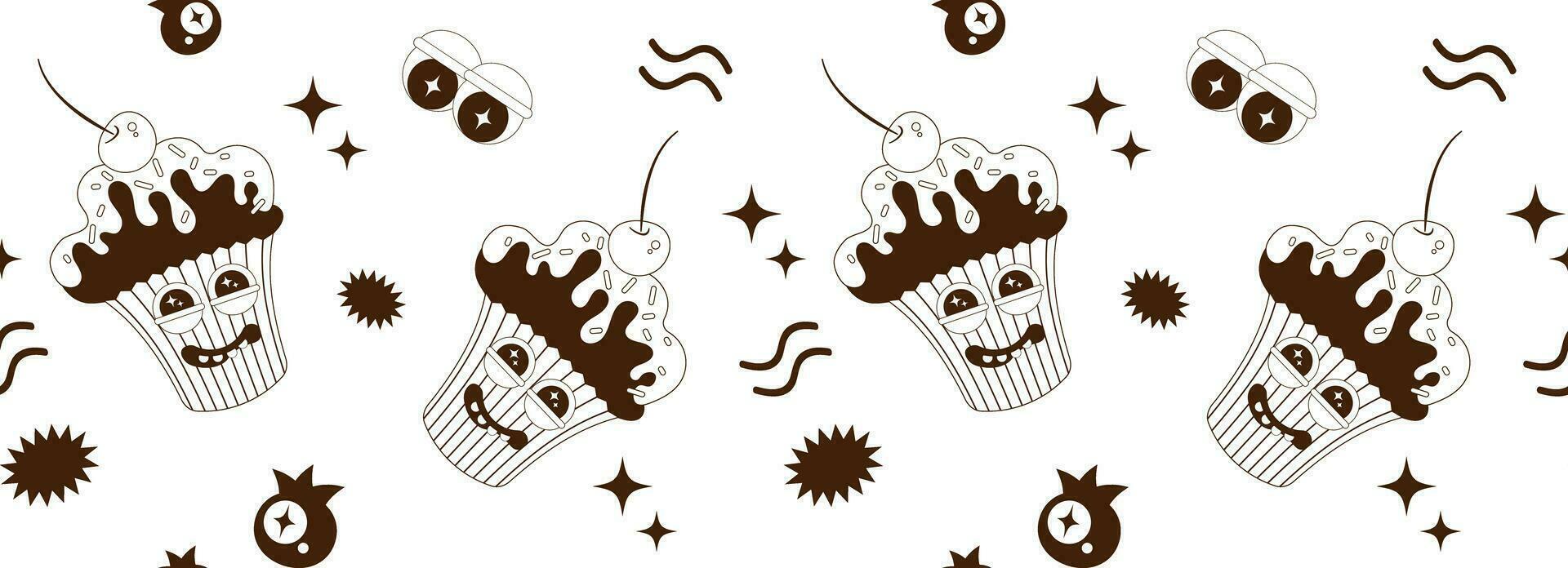 Seamless pattern of psychedelic cartoon stickers. Modern art sweets, cake, ice cream, muffin, pancake, donut. Funny faces with distorted eyes. Monochrome palette. Line art. vector