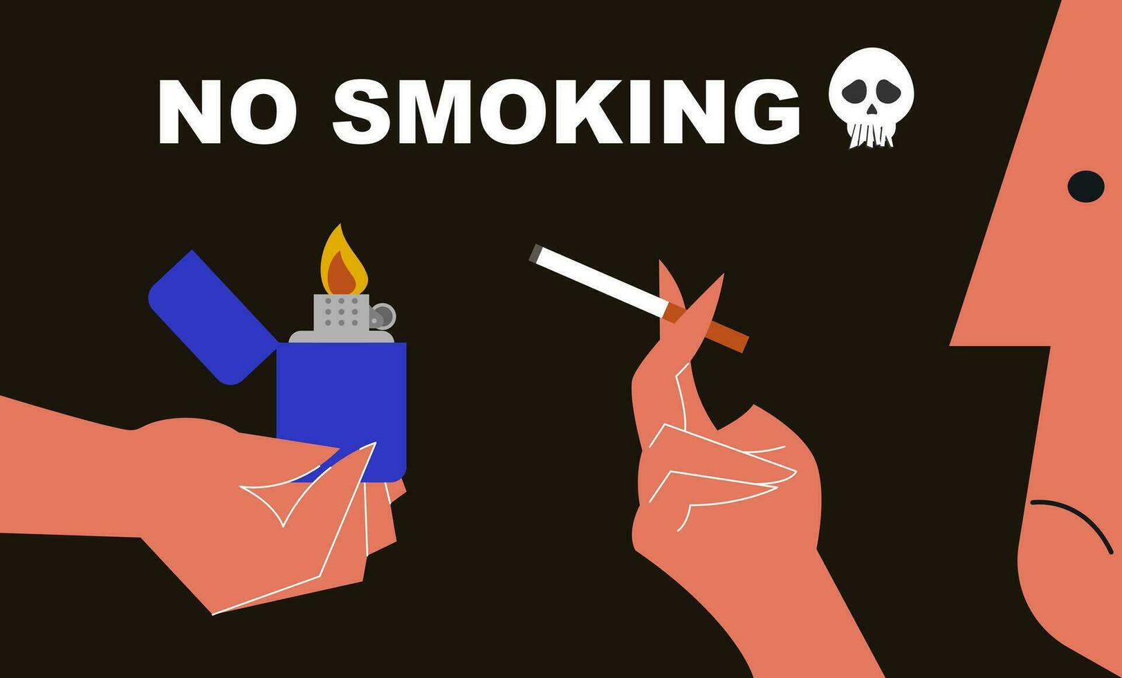 The man lights a cigarette. Cigarette in hand. No smoking. Vector flat illustration, minimalism. Aesthetics 60s, 70s, retro, vintage.