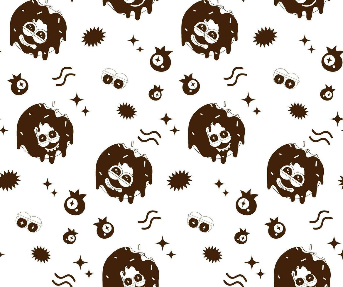 Seamless pattern of psychedelic cartoon stickers. Modern art sweets, cake, ice cream, muffin, pancake, donut. Funny faces with distorted eyes. Monochrome palette. Line art. vector