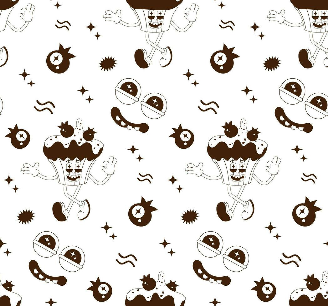 Seamless pattern of psychedelic cartoon stickers. Modern art sweets, cake, ice cream, muffin, pancake, donut. Funny faces with distorted eyes. Monochrome palette. Line art. vector