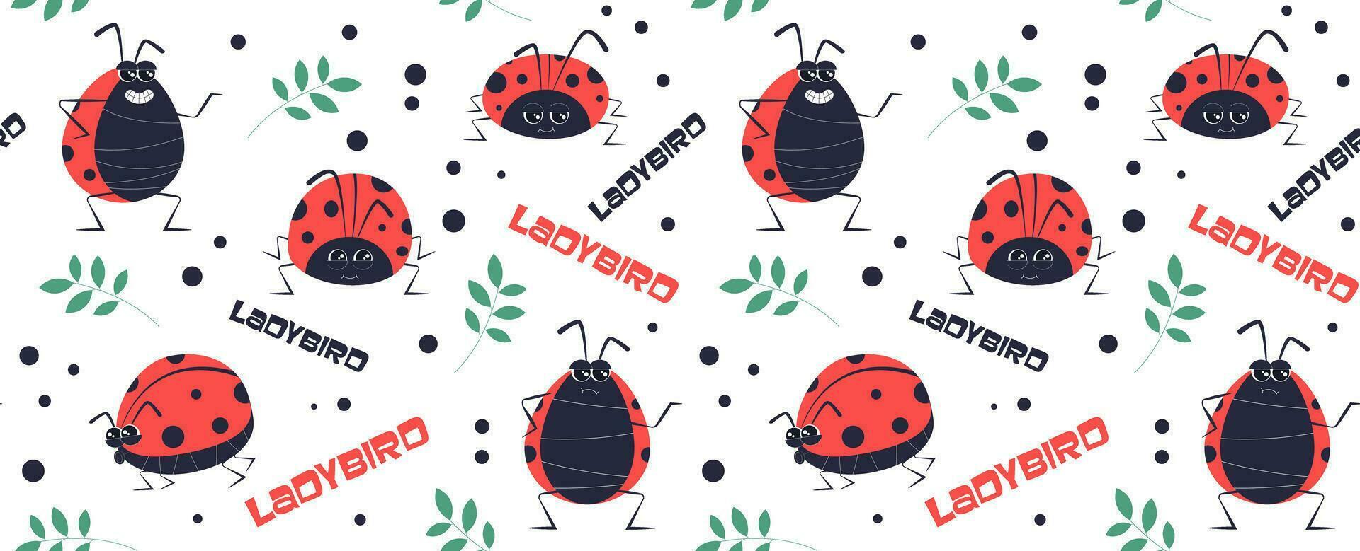 Cute ladybug character. Seamless background. Cartoon little ladybug mascot. Funny children's drawing. Vector drawing on a white isolated background.