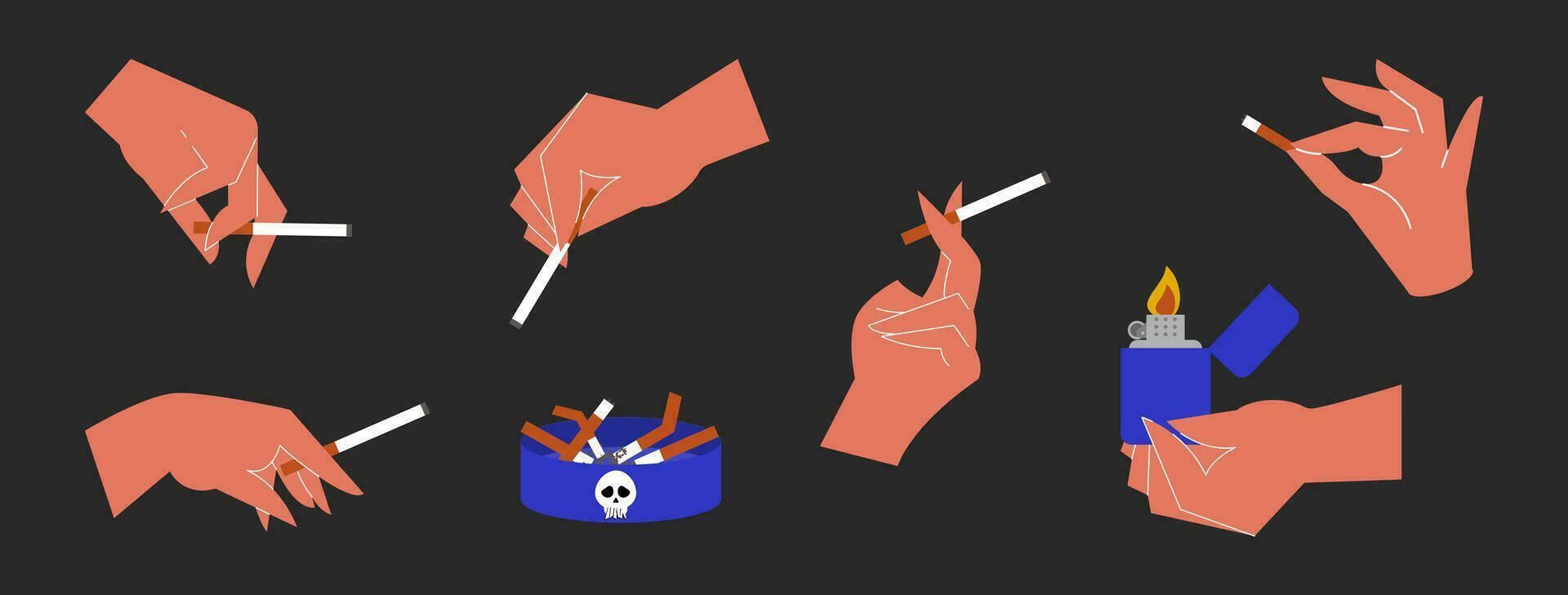 The hand is holding a cigarette. Set of hands holding cigarettes, lighter, ashtray. Vector illustration, minimalism.