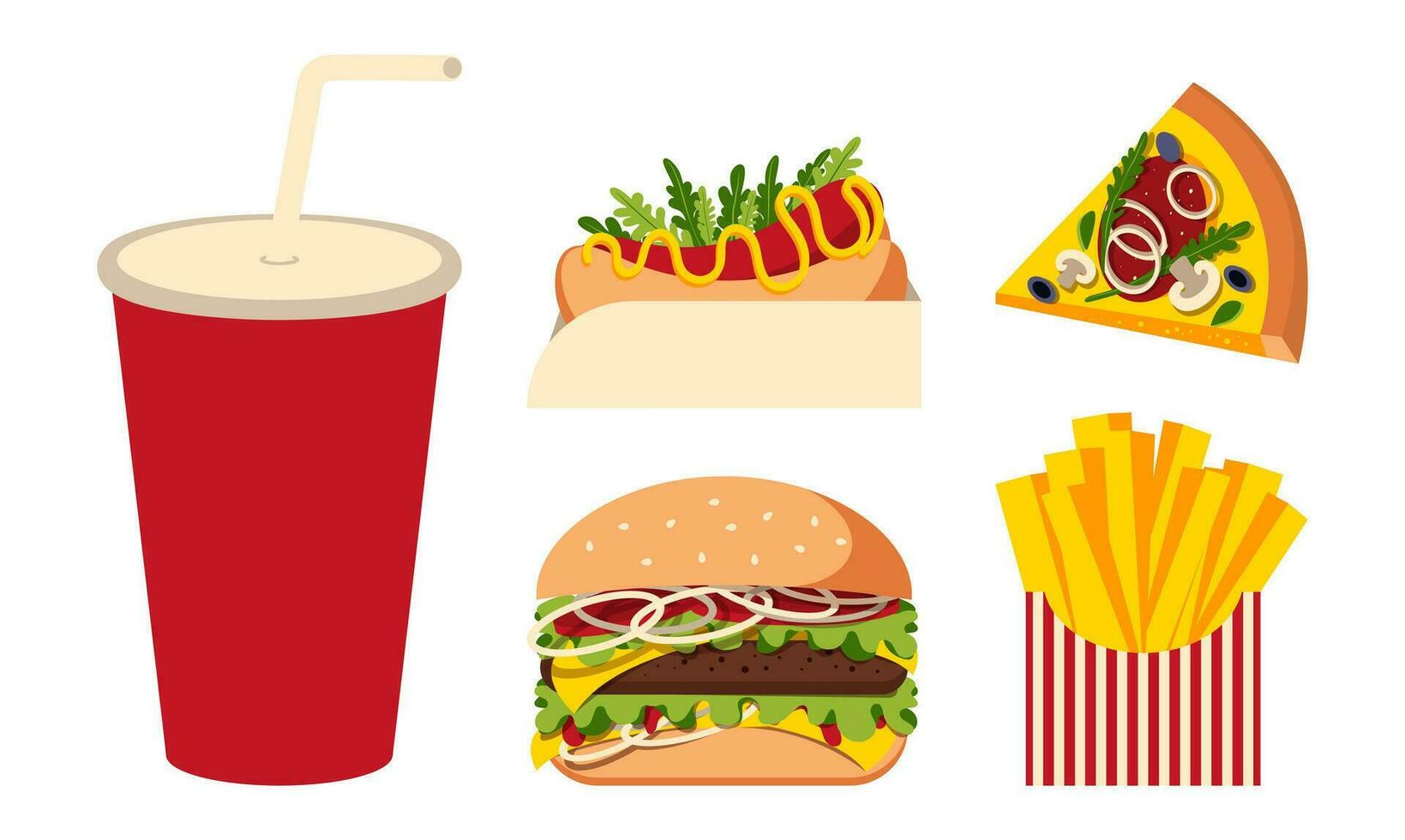 Fast food illustration. Burger, french fries, hot dog, pizza slice, glass with straw. Vector illustration in the style of minimalism, simple shapes.