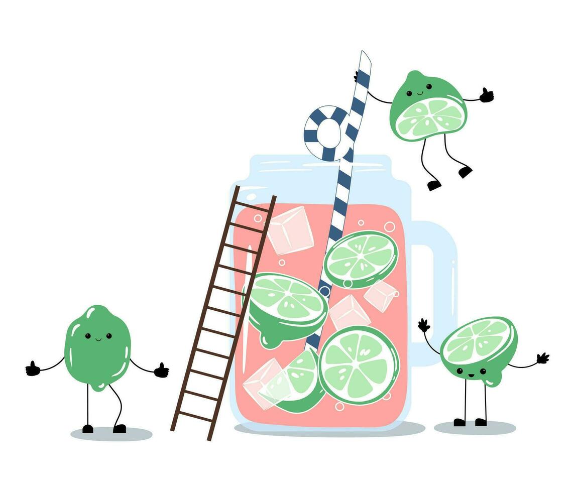 gracioso kawaii caracteres. vector ilustración de limón, Lima y limonada. limón mascota personaje. refrescante verano beber.