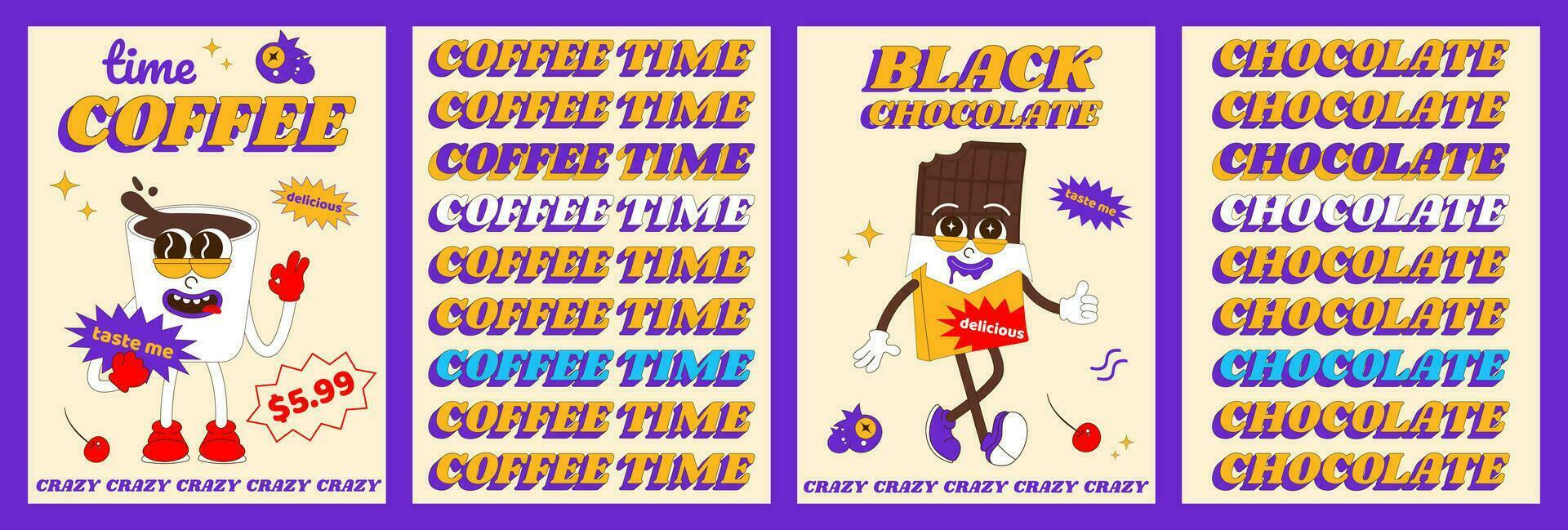 Fashionable psychedelic posters with funny sweet characters. Cheerful coffee and chocolate mascot. Poster design for cafe, bakery, menu. Vector illustration in cartoon style.
