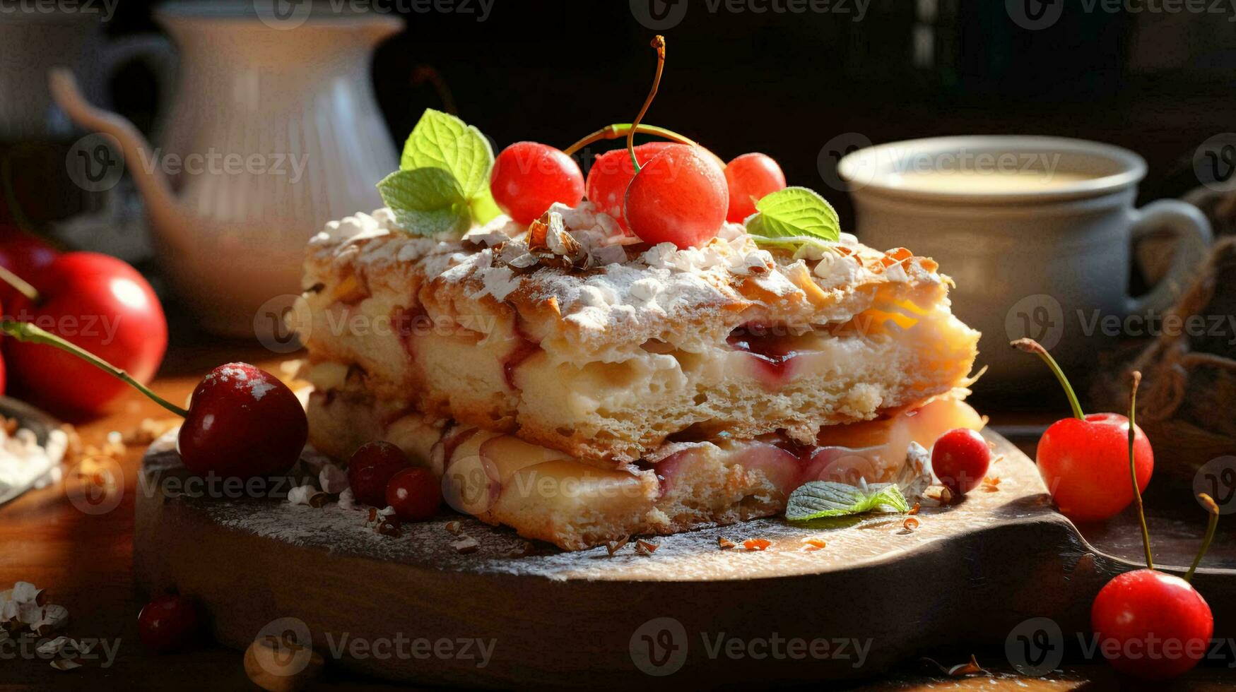 Fresh delicious apple pie charlotte pastry lies on the table in the cafe bakery selective focus blurred background. AI generated photo