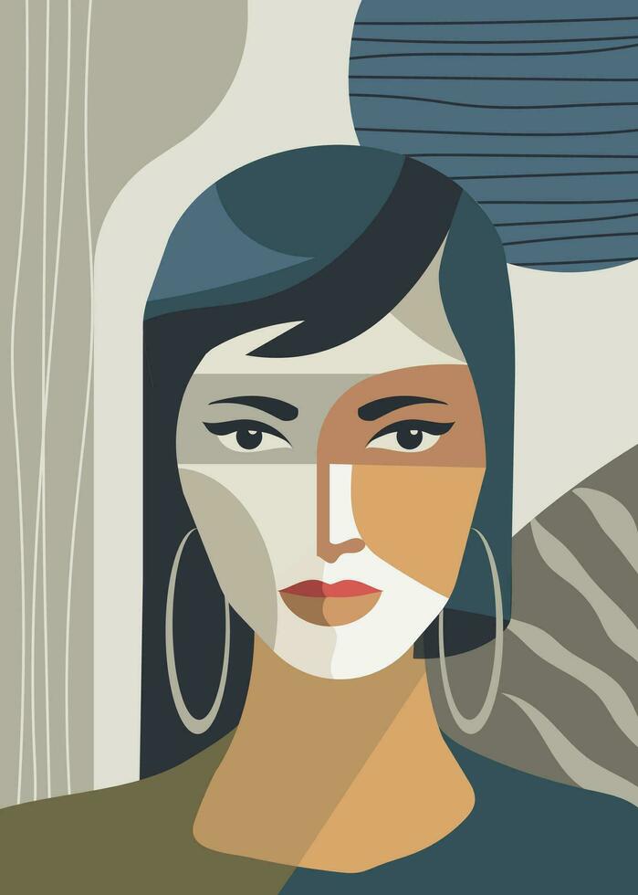 Abstract portrait illustration of woman face with  Modern Boho style background vector