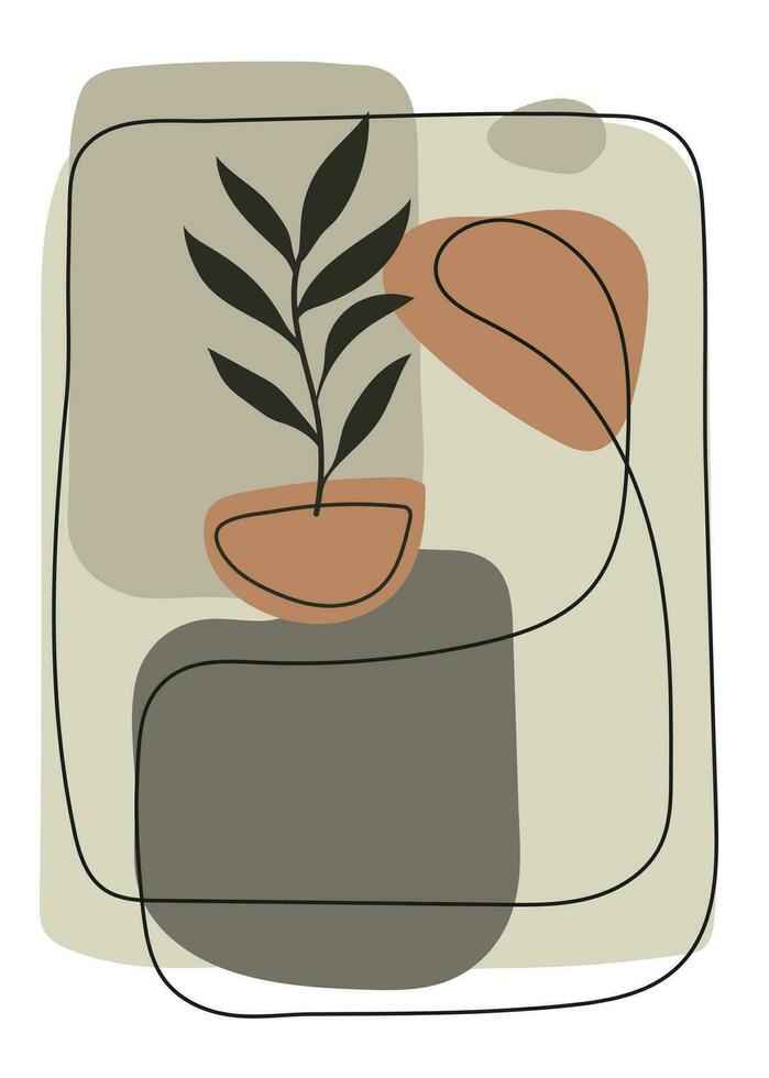 Botanical wall art vector ,Foliage line art drawing with abstract shape,