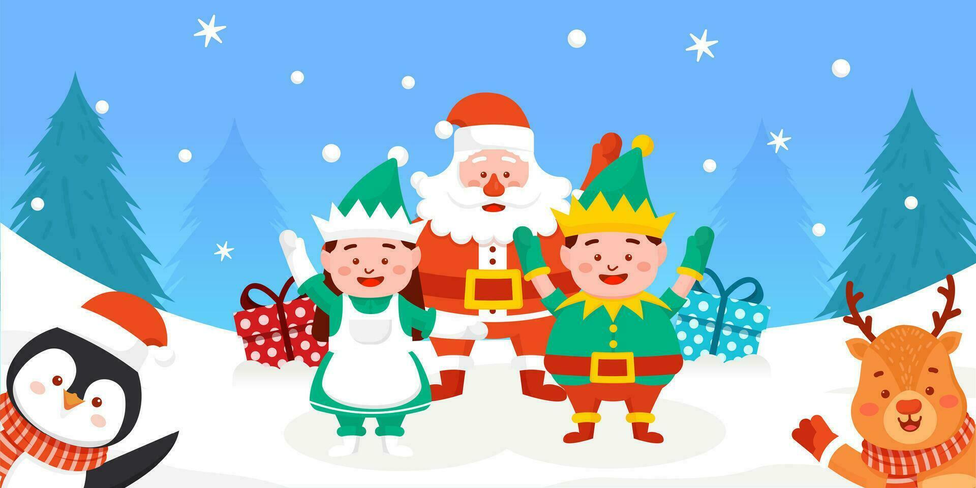 enano chica, Papa Noel noel, pingüino, reno y enano chico con alegre Navidad saludos vector