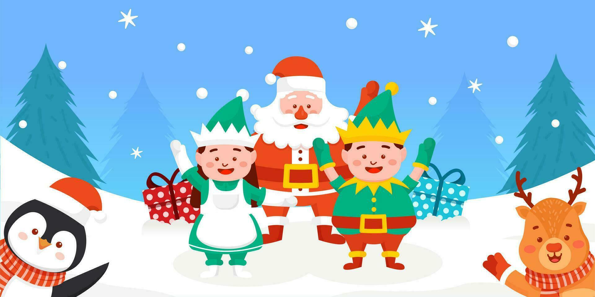 Dwarf girl, santa claus, penguin, reindeer and dwarf boy with merry christmas greetings vector