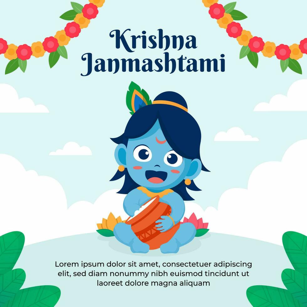 Happy krishna janmashtami hindu festival celebration for social media post vector