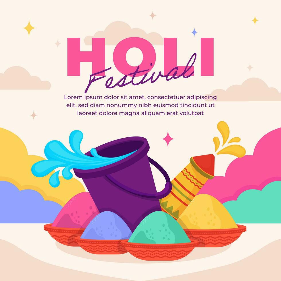 Flat holi festival illustration social media post with colorful decoration vector