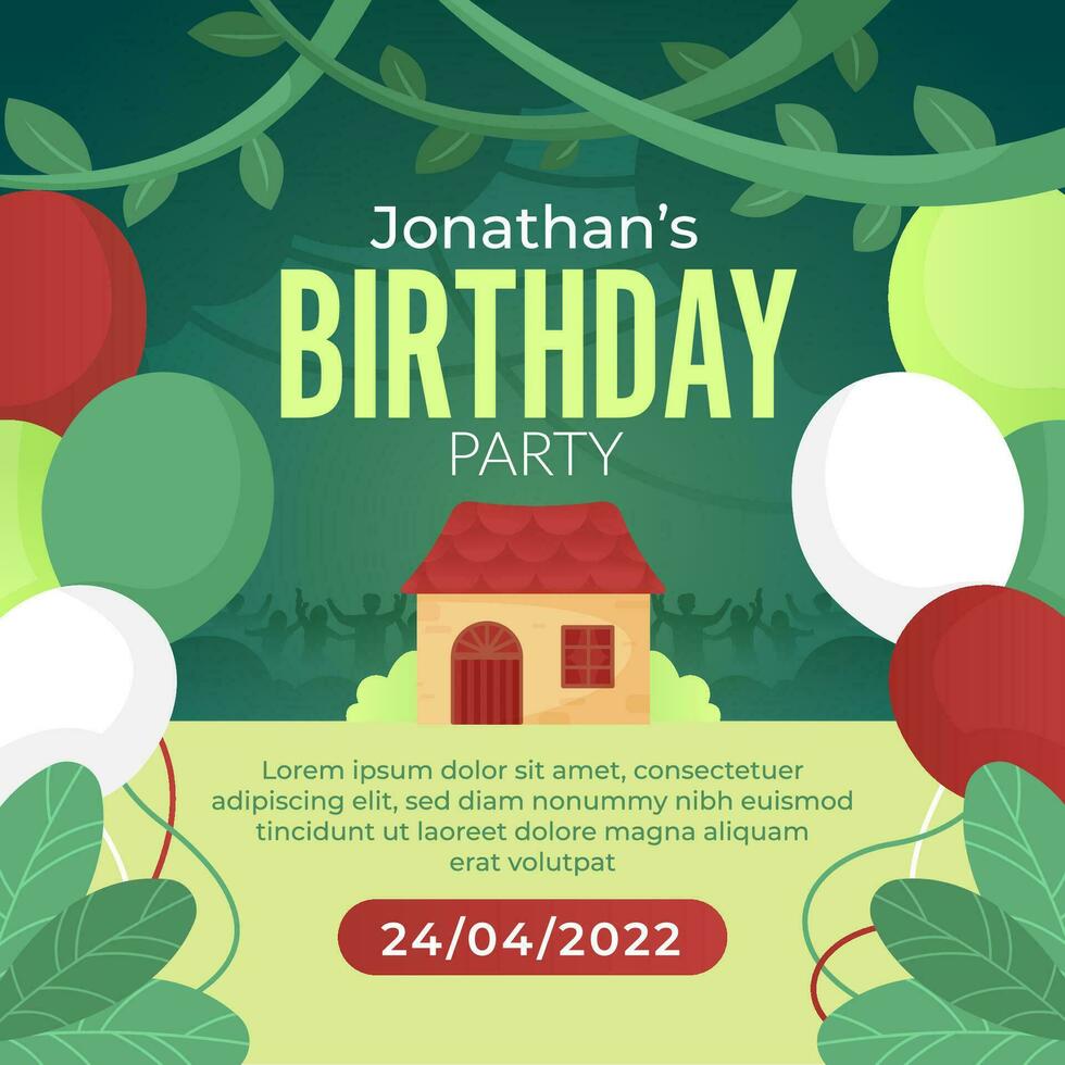 Hand drawn flat jungle birthday party for social media post design vector