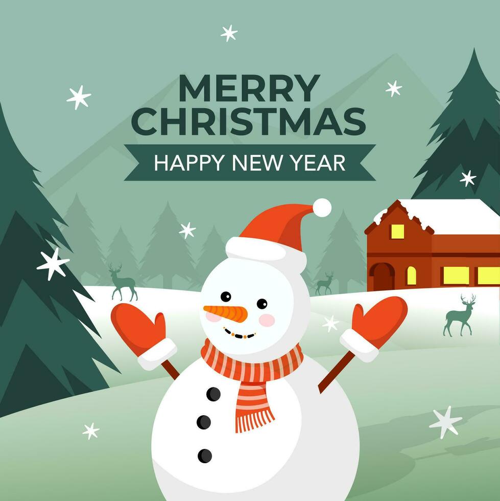 Snowman with Merry Christmas and Happy New Year greetings vector