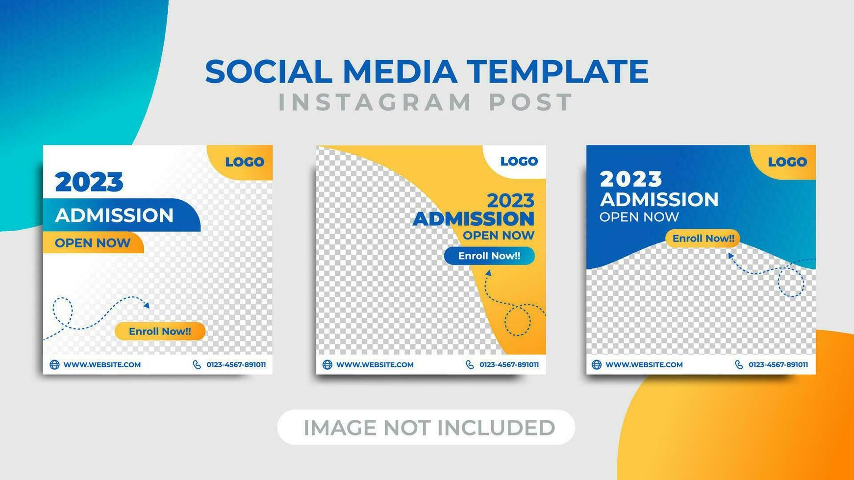 School admission square banner on blue and orange background color. Perfect for flyers, web ads and social media post templates vector