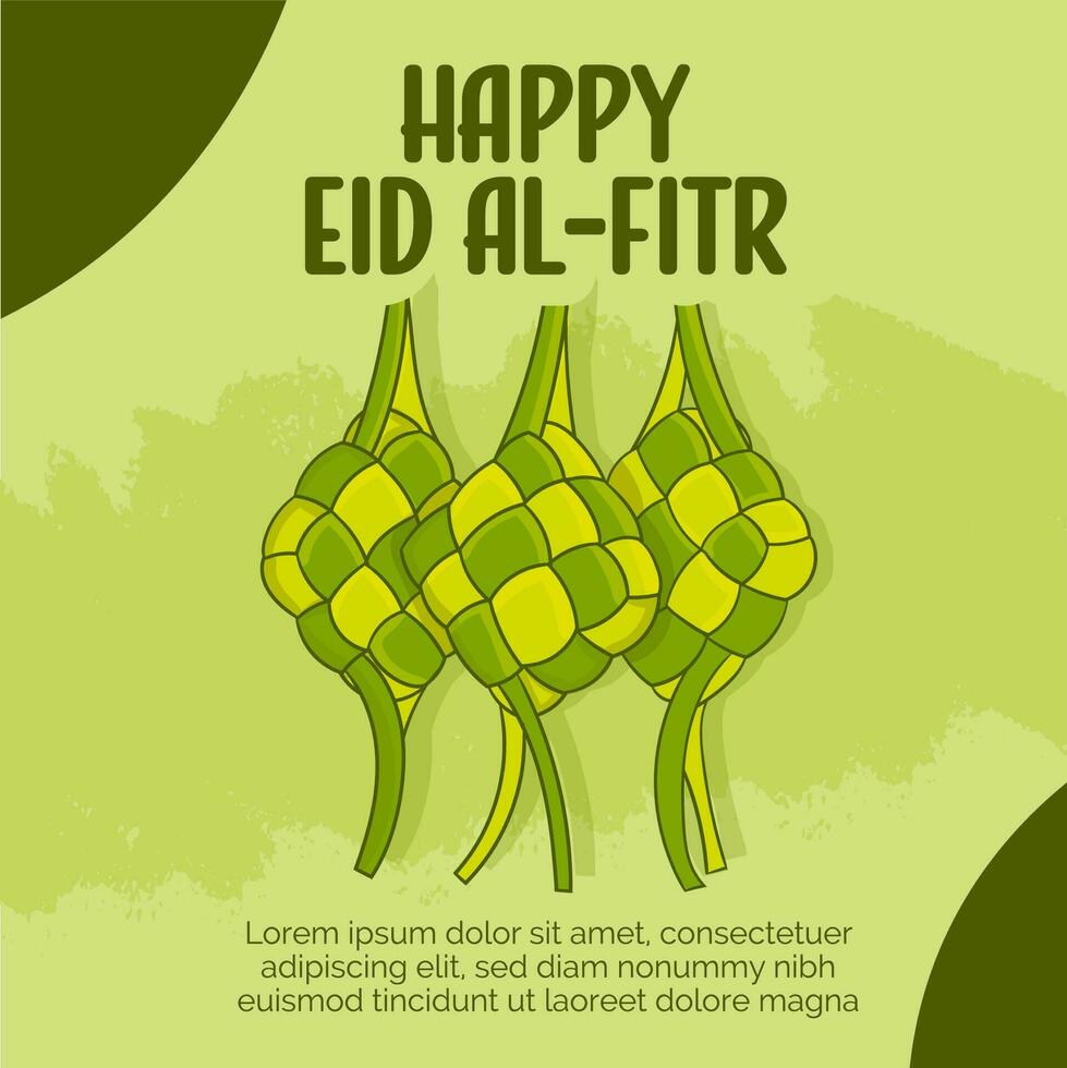 Vector illustration greeting Happy Eid Al-Fitr in Ramadan Kareem with Ketupat traditional food