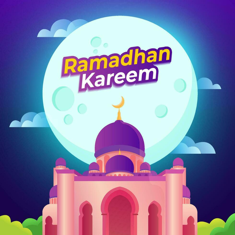 ramadan kareem post design, with mosque and moon vector