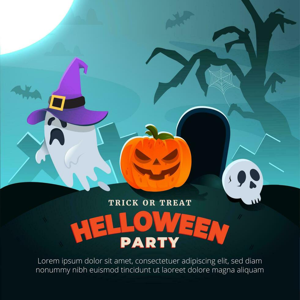 Halloween Party banner. With ghost, moon, skull and pumpkin. Spooky background vector