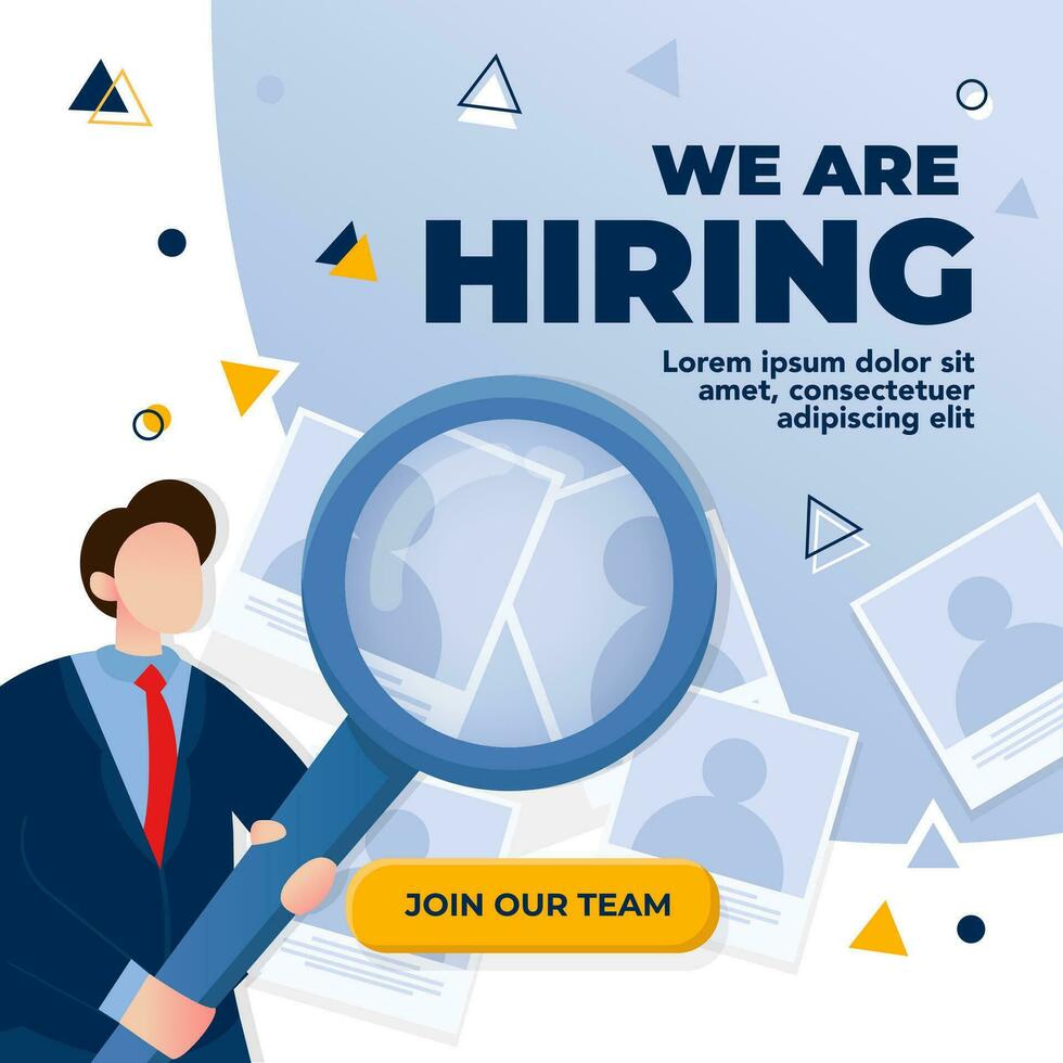 We are hiring design concept. Businessman carries magnifying glass to select candidates, vector illustration