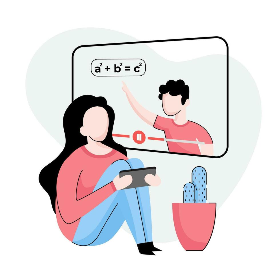 Students in the learning process, Kid sits and learns online using a mobile phone vector