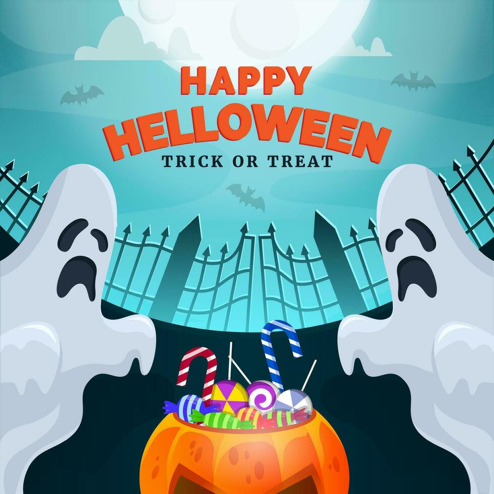 Happy Halloween banner. with ghost, moon, night cloud and pumpkin filled with Halloween candy vector