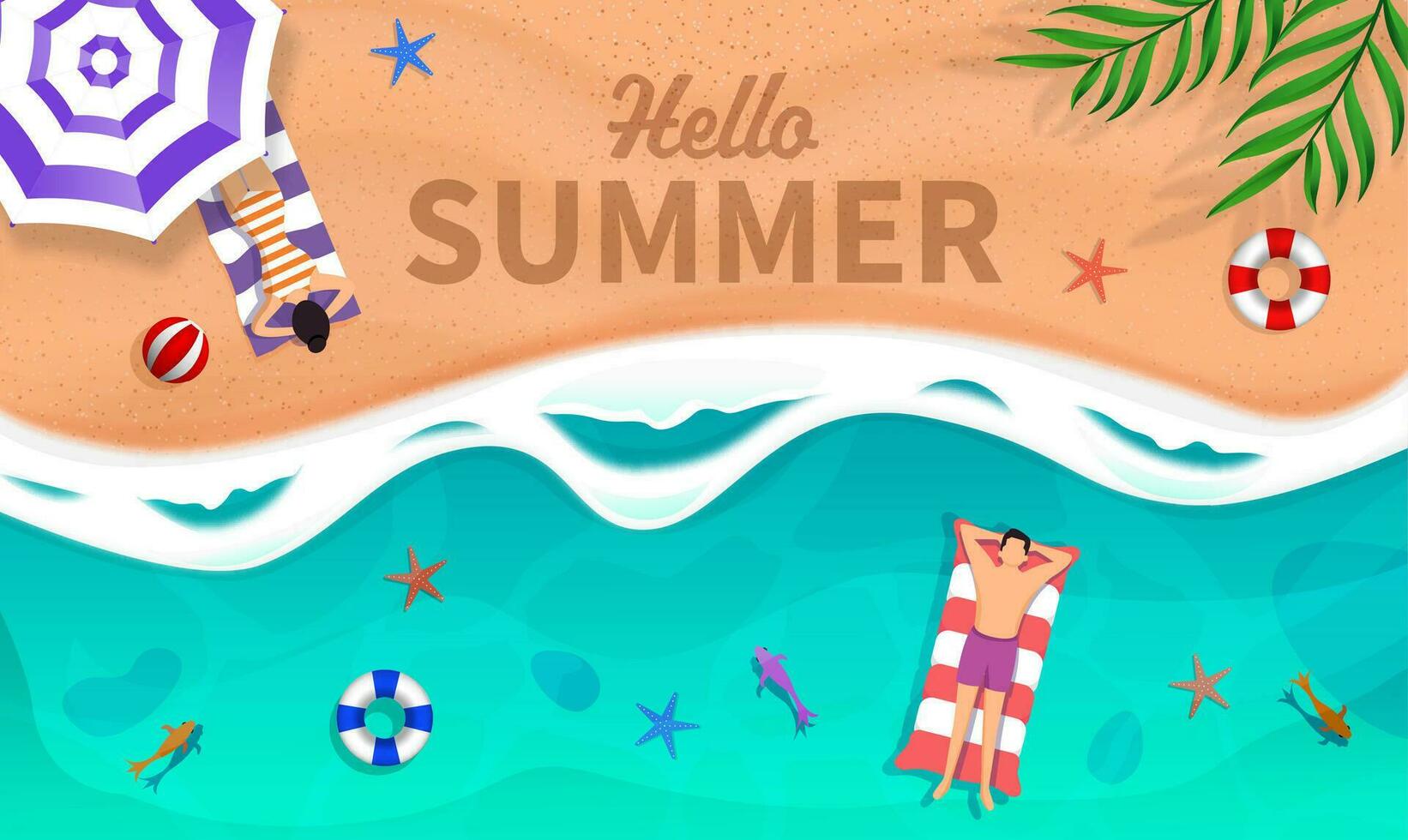 Summer Beach Vector Design. People at beach or seashore relaxing