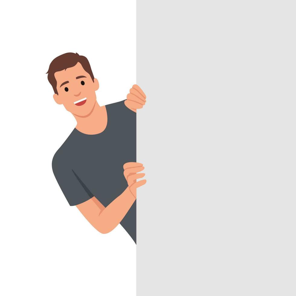 echar un vistazo detrás el pared con hombre sostener su manos en borde de blanco con Copiar espacio concepto. vector