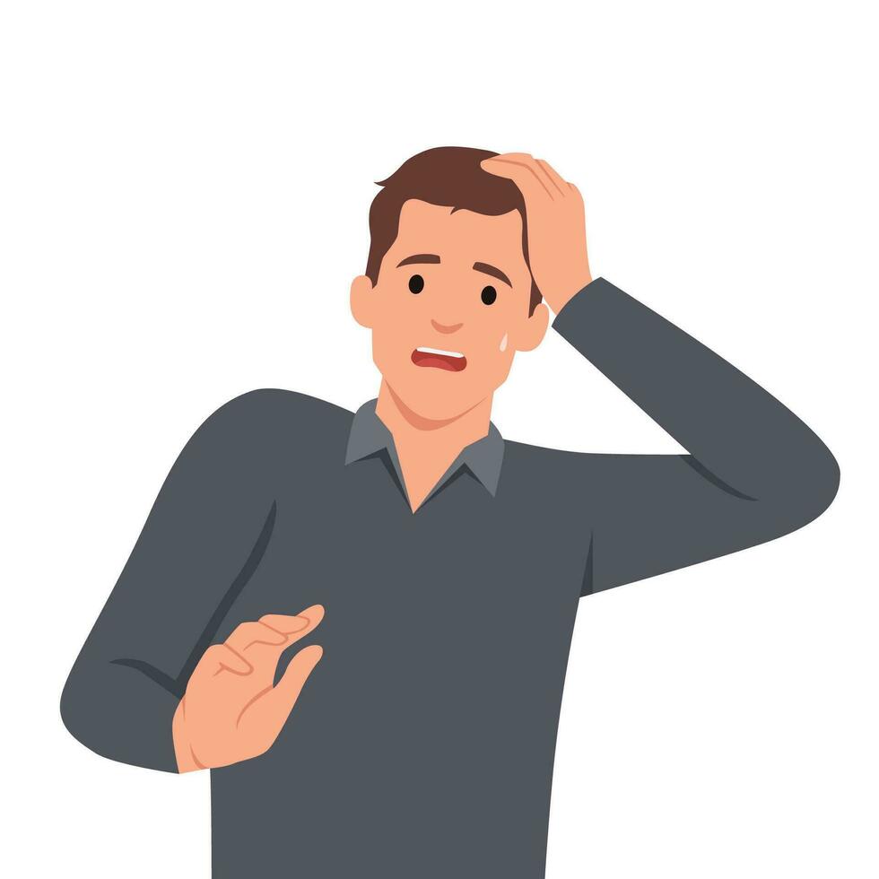 Panic. A man expresses emotions of anxiety and shock. Stress and anxiety. Amazed guy character. vector