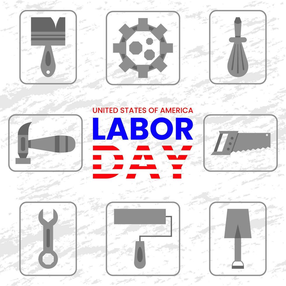 construction tools icon. text labor day design template. grey, blue, red. used for poster, banner, greeting card, flyer, advert vector