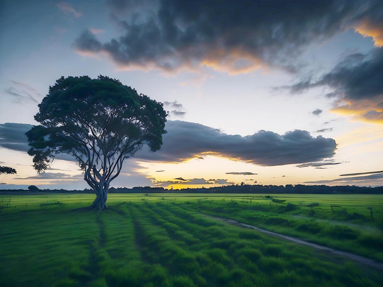 Free photo wide angle shot of a single tree growing under a clouded sky during a sunset surrounded by grass