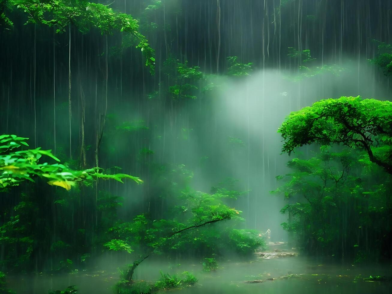 monzón lluvia bosque con podio antecedentes ai generativo foto