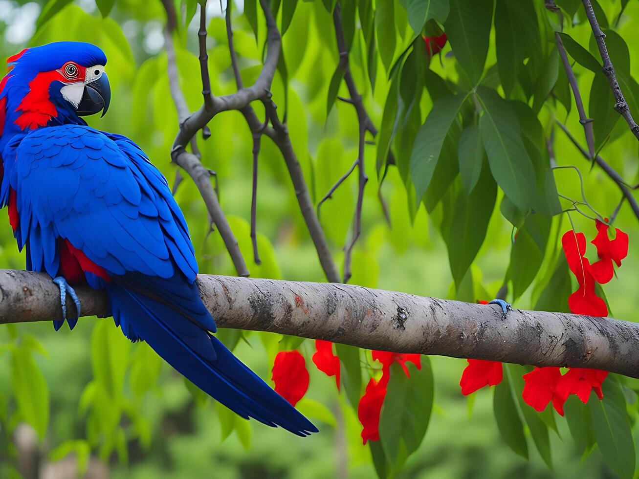 Photo colorful parrots bird on nature background. red and blue marcaw on the branches