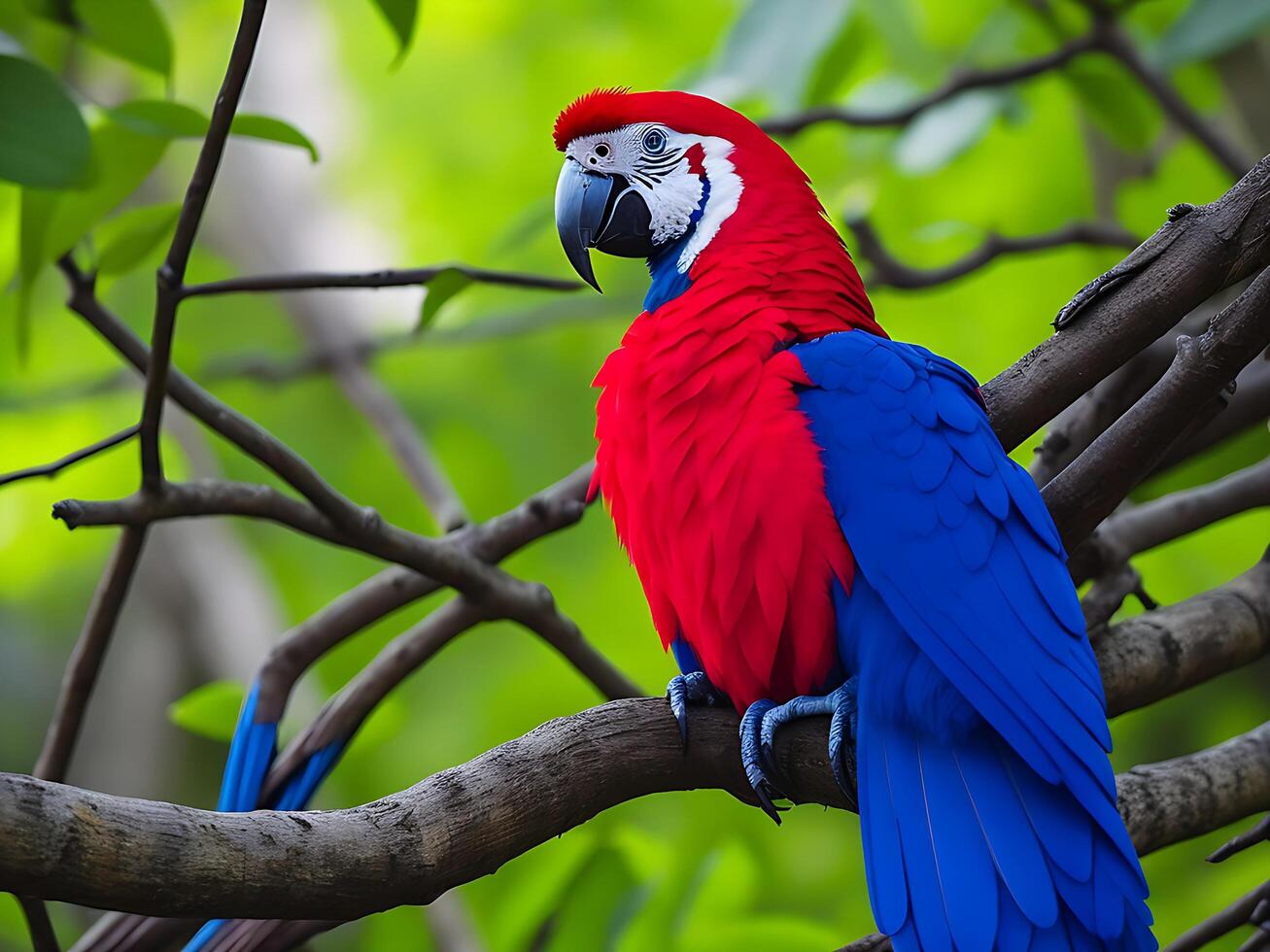 Photo colorful parrots bird on nature background. red and blue marcaw on the branches
