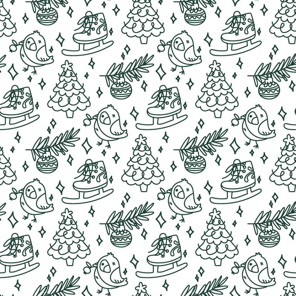 Christmas doodle items in a seamless pattern on a white. Happy Winter Holiday texture. Happy New Year. Doodle outline of decorative design elements in retro style. Printing on packaging vector