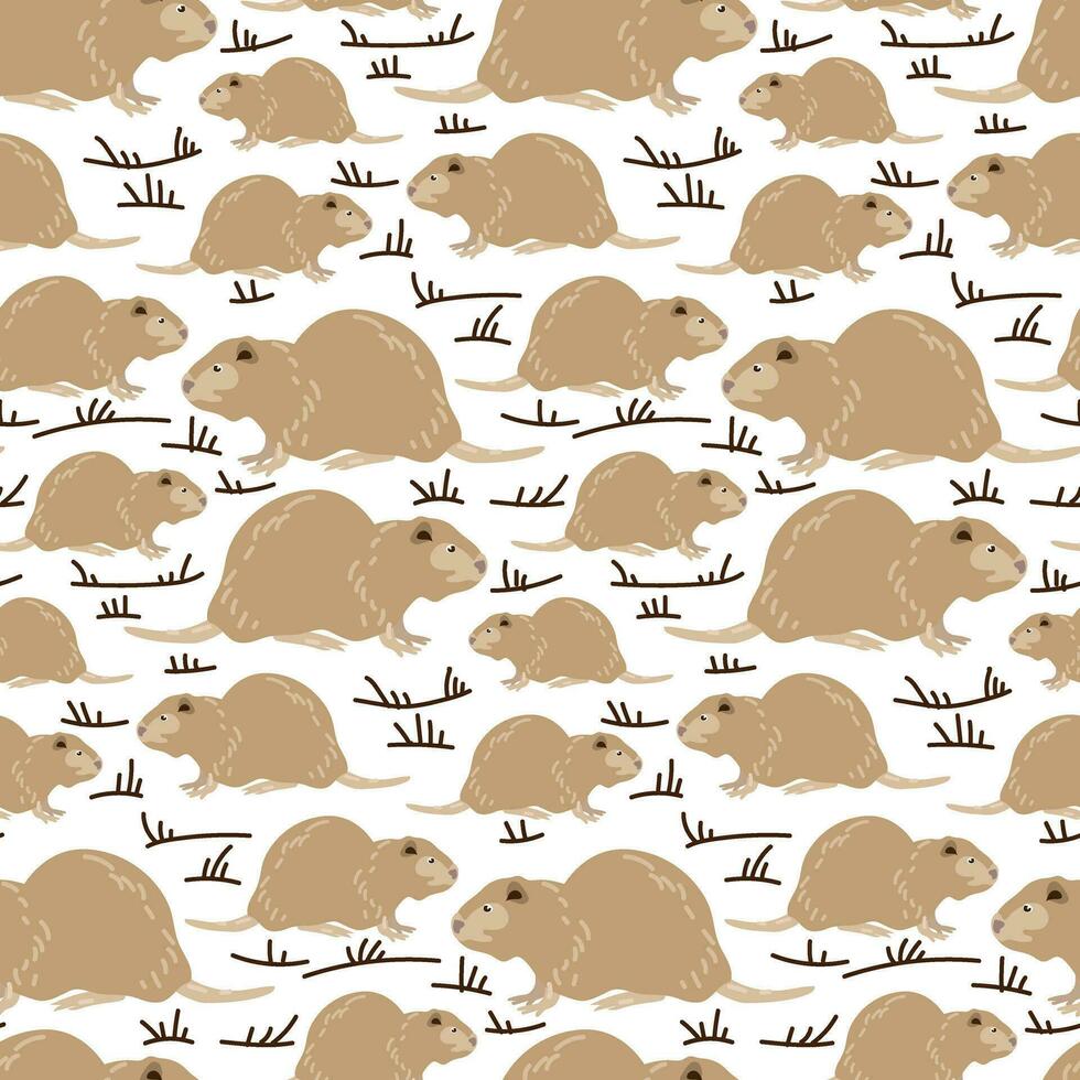 Children's seamless pattern with the image of nutria on a white background. A brown animal with a tail walks in the grass. Repeating texture for printing on textiles and paper vector