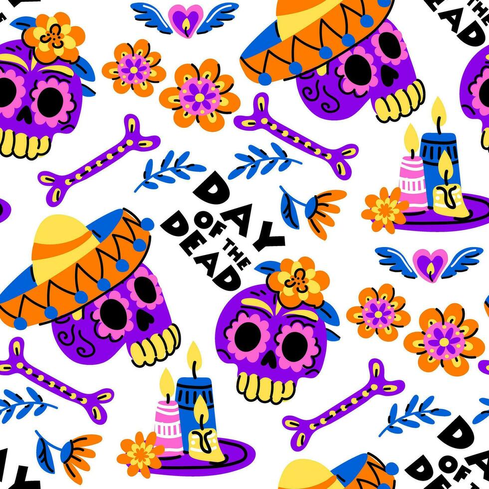 Muertos pattern with a skull. The Feast of the Dead on Mexico Day. A face in the form of a skull with a floral pattern. Floral seamless background. Seamless pattern for Halloween. Day of the Dead vector