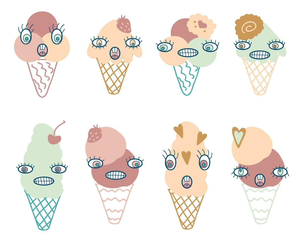 Crazy faces ice cream cone characters clipart collection in 90s style. Perfect for tee, stickers, posters. vector