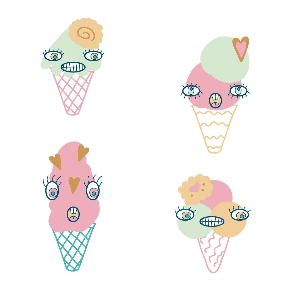 Surprised faces ice cream cone characters with various cookies clipart collection. Perfect for tee, stickers, posters. vector