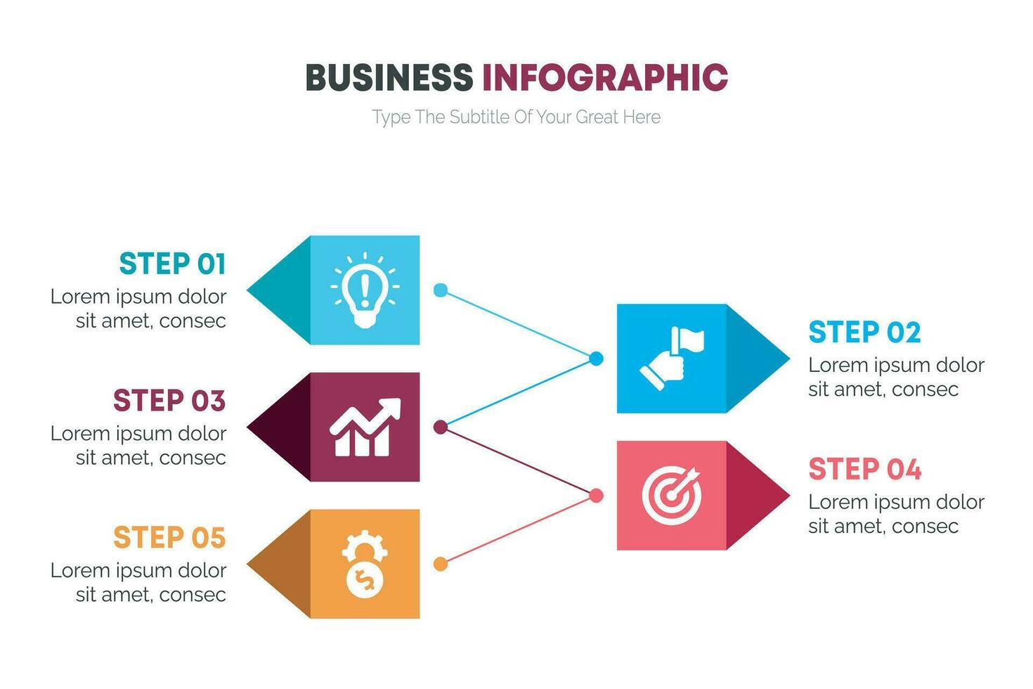 Progress bar with 5 arrows behind translucent rectangular elements placed in horizontal row. Concept of three steps to business success. Minimal infographic design template. Flat vector illustration.