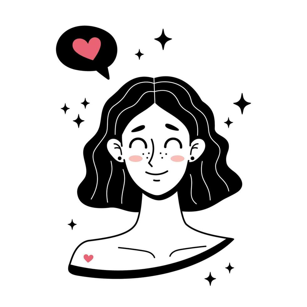 Girl character fall in love. Doodle style. Hand drawn simple vector illustration. Love concept. Manga style. Cute female character with closed eyes smiling