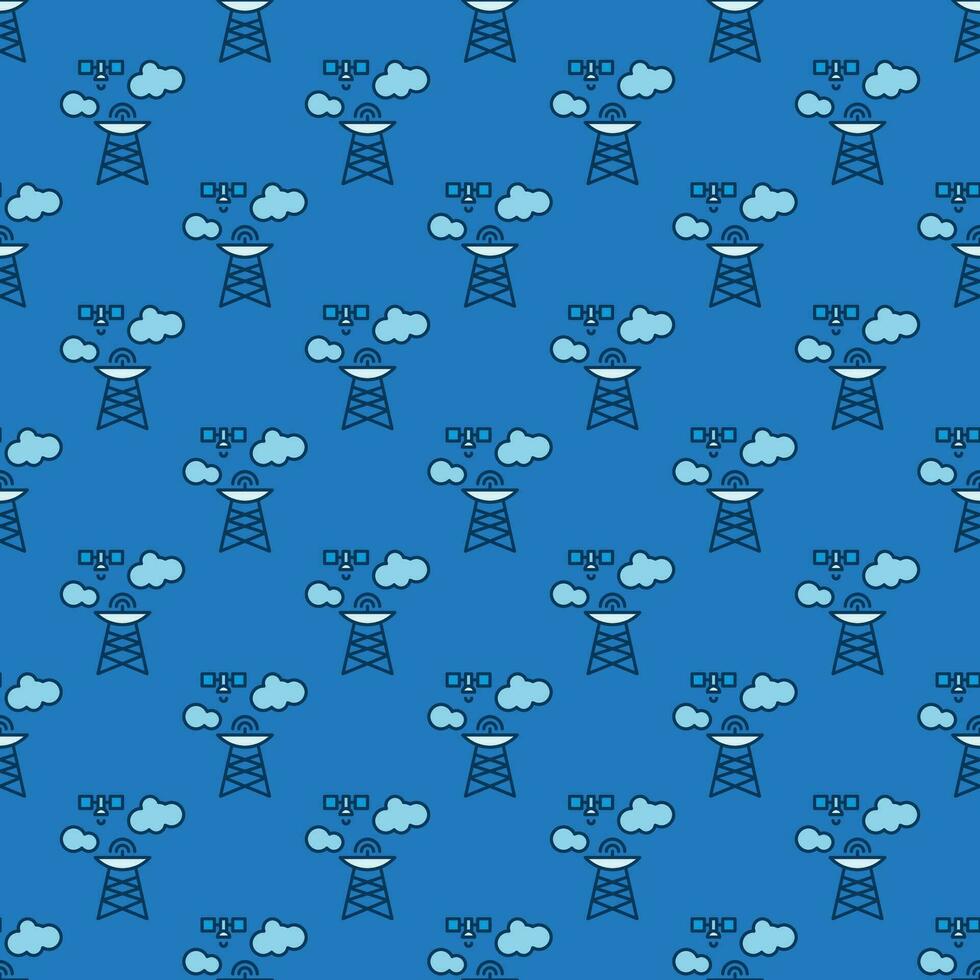 Telecommunication Tower and Satellite vector concept blue seamless pattern