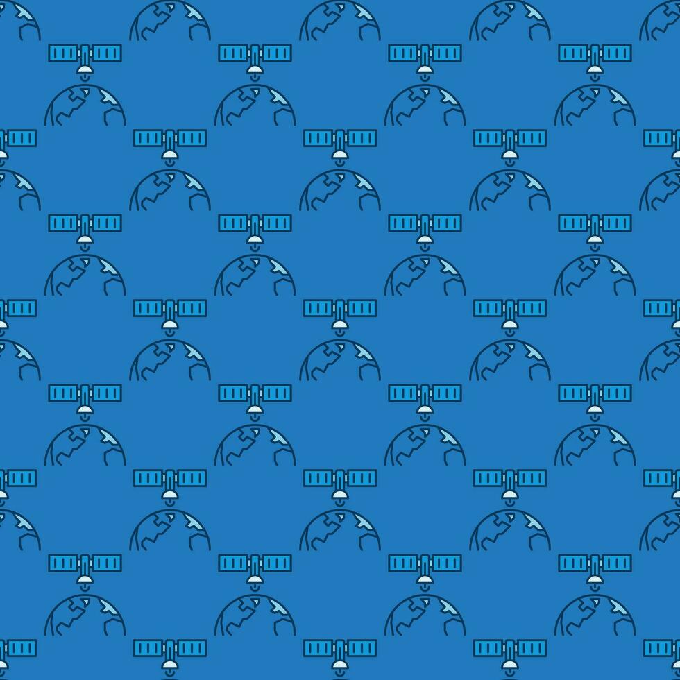 Satellite in Space with Earth vector blue seamless pattern