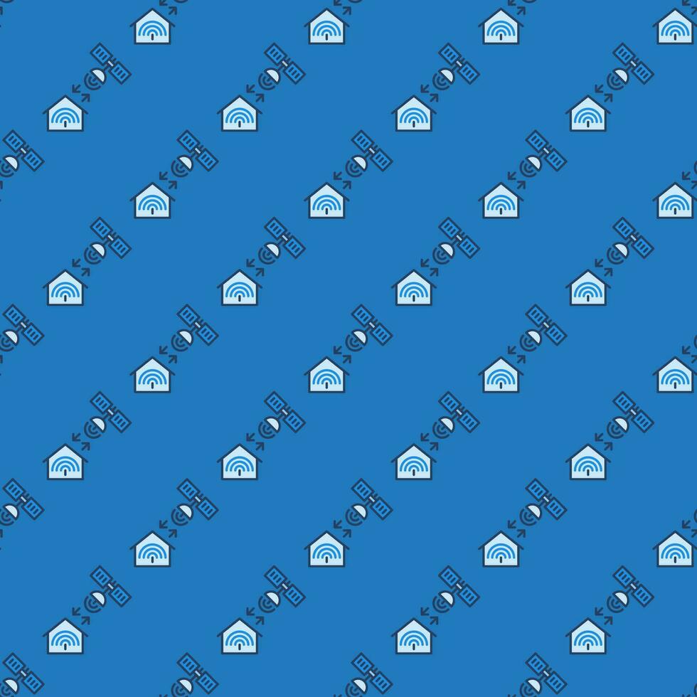 Satellite and House vector Satellite Internet Access blue seamless pattern