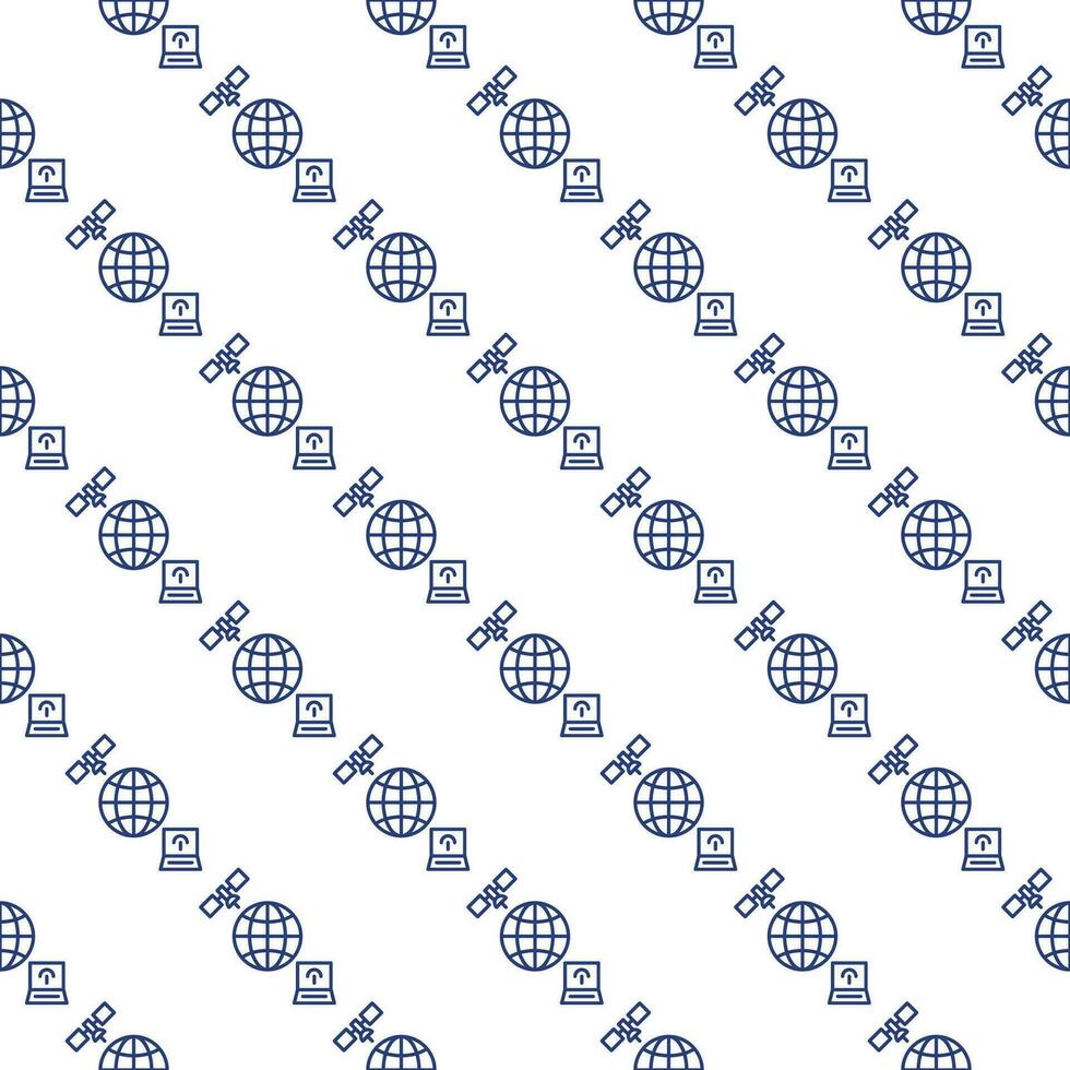 Earth Globe with Laptop and Satellite vector outline seamless pattern